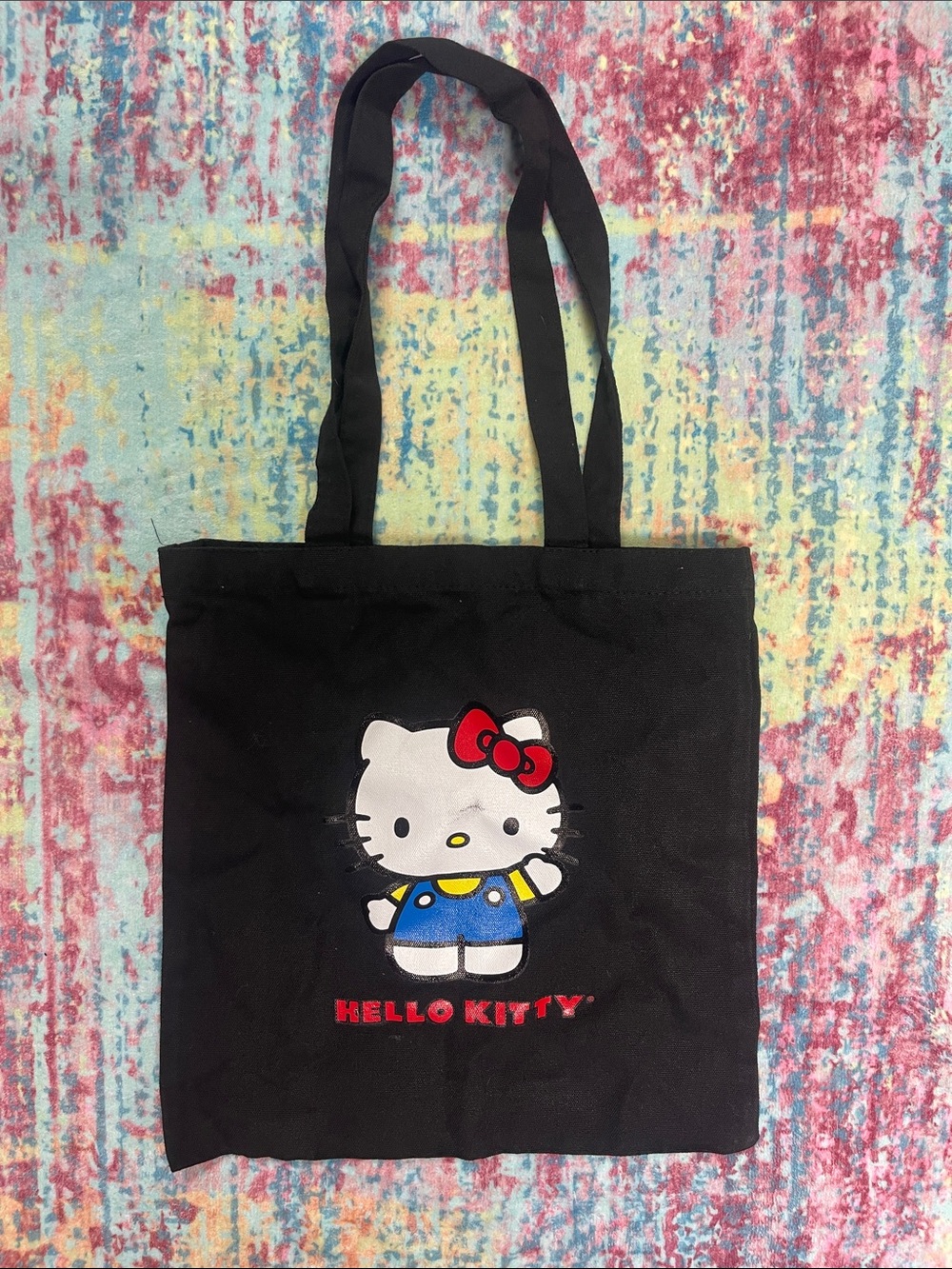 Hello Kitty Sanrio Black Canvas Tote Bag Red Bow Blue Outfit Y2K Kawaii